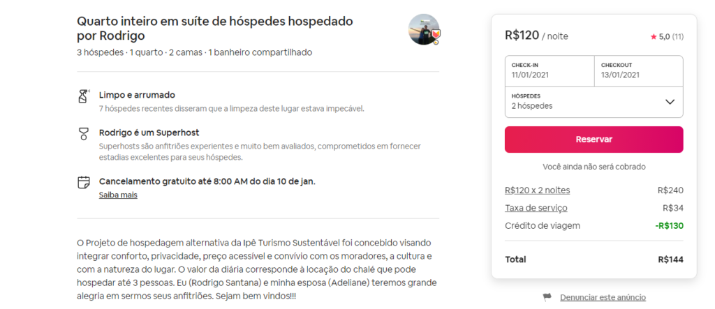 Página de escolha da acomodação do AirBnb